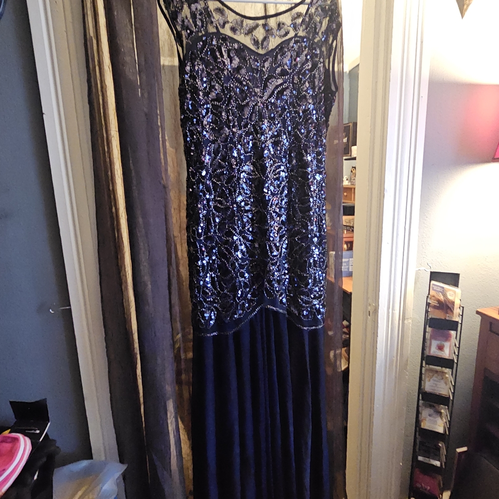 Navy Sequin Beaded Evening Gown